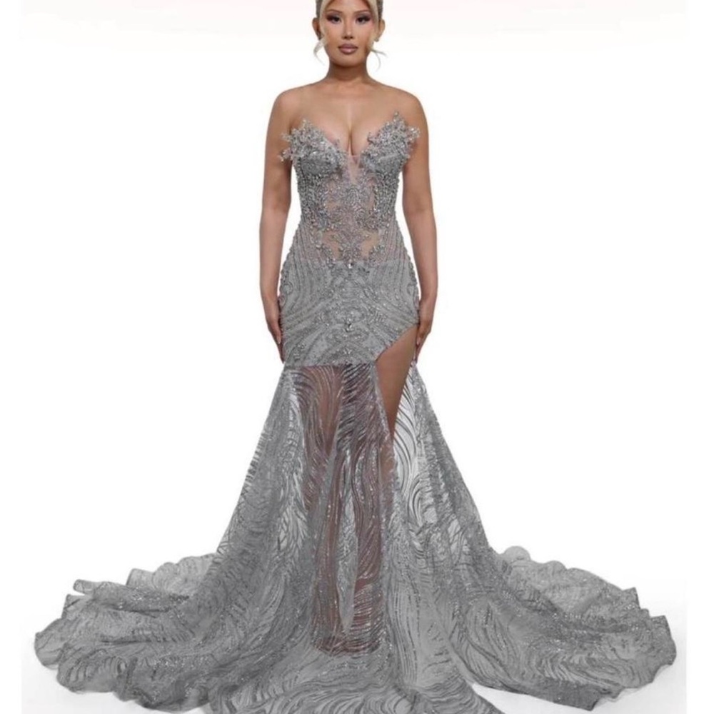Aje Silver Strapless Beaded Mermaid Prom Gown